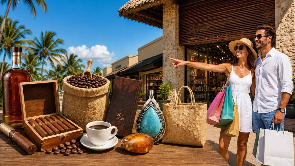 A couple with shopping bags, a coffee cup, a cigar box, a coffee grinder, a large bag of coffee beans, a turquoise stone, and a wooden box with a label. 1
