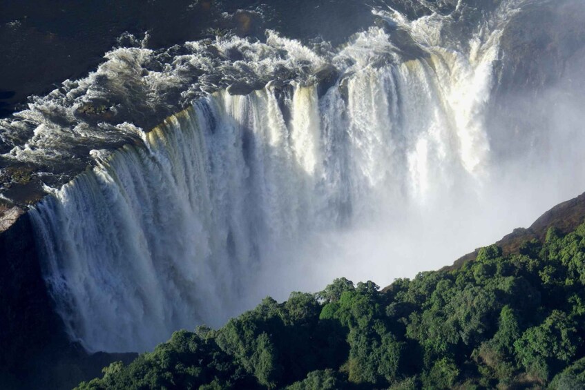 A large waterfall cascading down a rocky cliff surrounded by dense forest. 1
