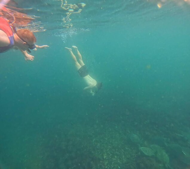 A person swimming underwater. 1
