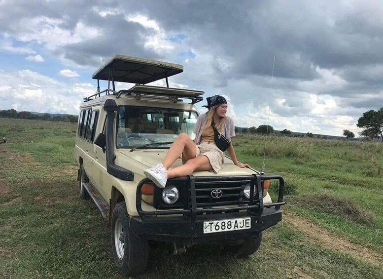 A beige off-road vehicle with a roof rack parked in a grassy field under a cloudy sky. 3