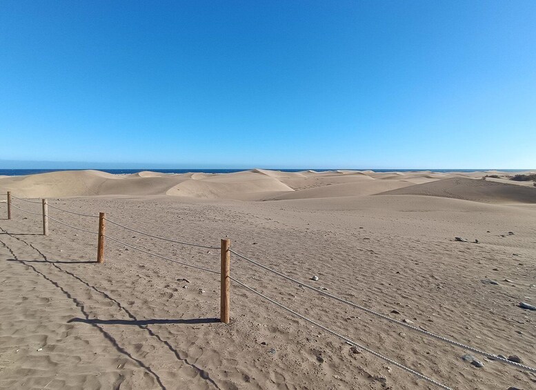 A desert landscape with sand dunes and a clear blue sky. 5