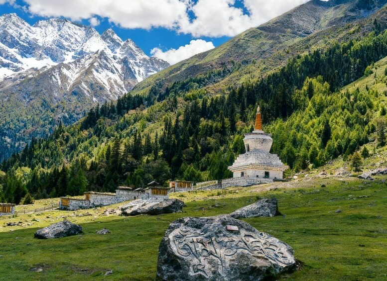 Rauhallinen vuoristomaisema, jossa on lumihuippuinen vuorenhuippu, vihreä metsäalue ja perinteinen valkoinen stupa. 5