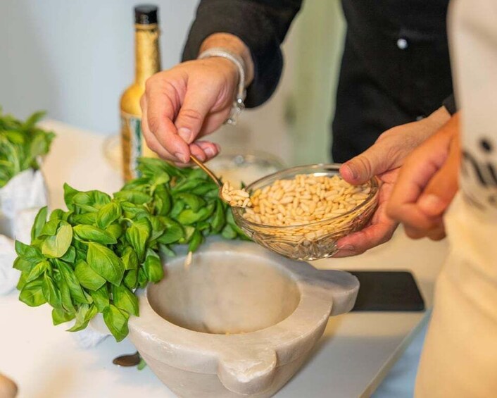 Picture 8 for Activity Genoa: Pesto-Making Class with Pasta and Aperitivo 3