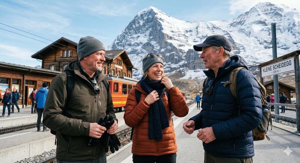 Three people standing at a train station with a mountain in the background. 1
