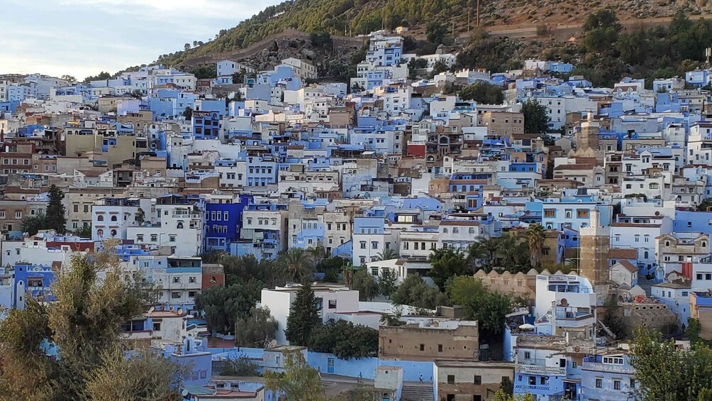 A densely packed hillside town with buildings predominantly painted in shades of blue and white. 3