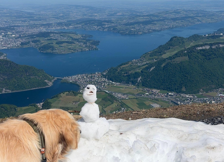 A dog, a snowman, and a lake surrounded by hills. 3