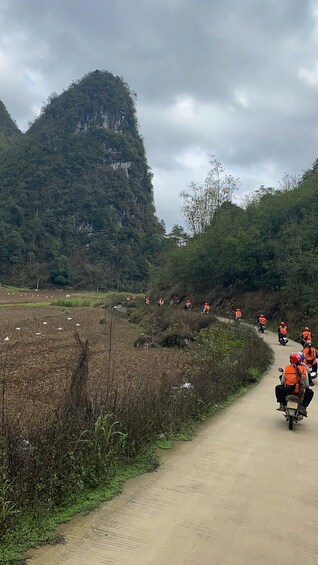 A group of people on motorcycles wearing orange vests on a dirt road surrounded by greenery and a mountain. 3