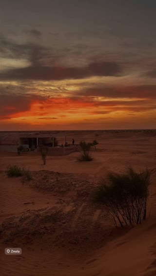 A desert landscape with a sunset, a small building, and sparse vegetation. 4