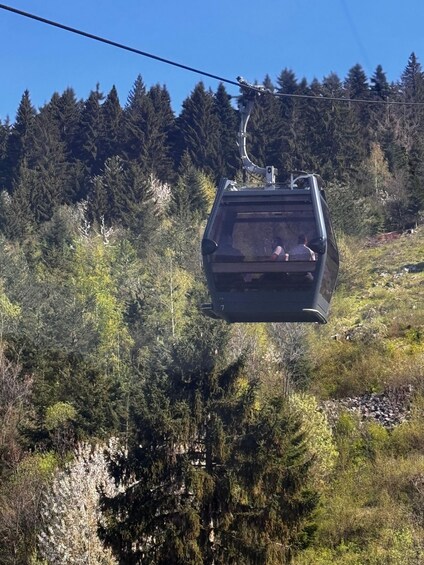 A cable car ascending a mountain with dense forest and rocky terrain below. 5