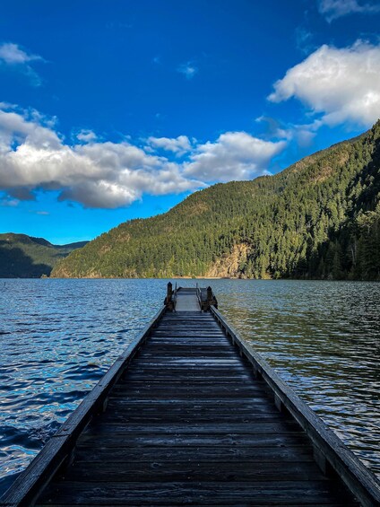 A wooden pier extending into a calm lake, surrounded by dense forested hills under a partly cloudy sky. 4