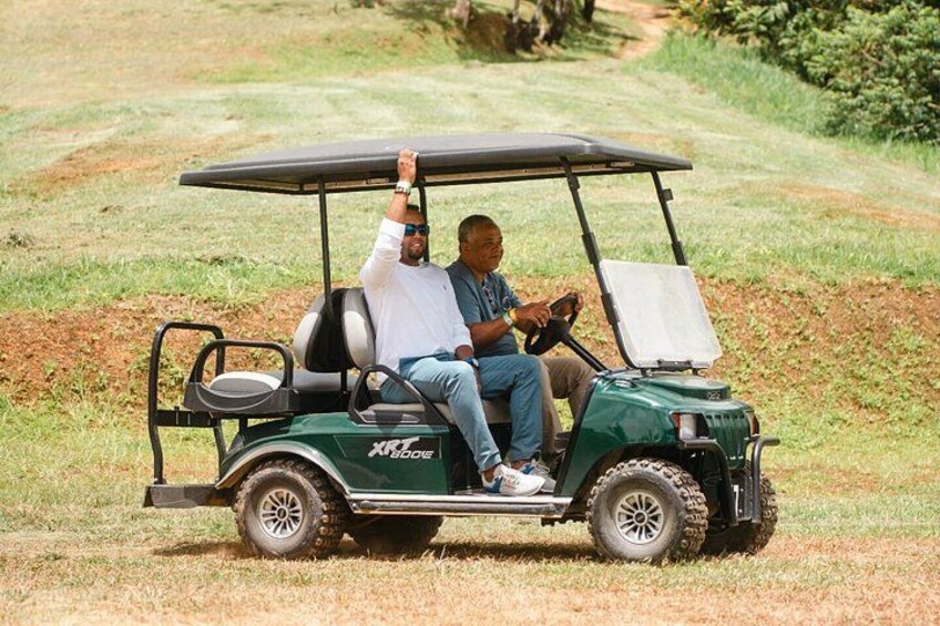 A golf cart on a grassy field with a person raising their hand. 3