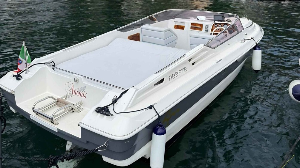 A white motorboat with 'ABBATE' written on the side, a small cabin, and a wakeboard on the bow. 3