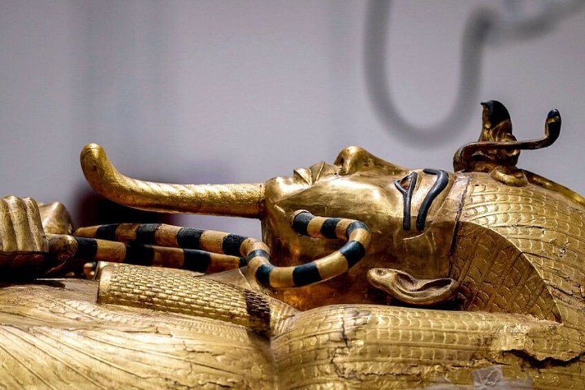 Un sarcófago dorado con cabeza, cuerpo y cola de cobra. 4