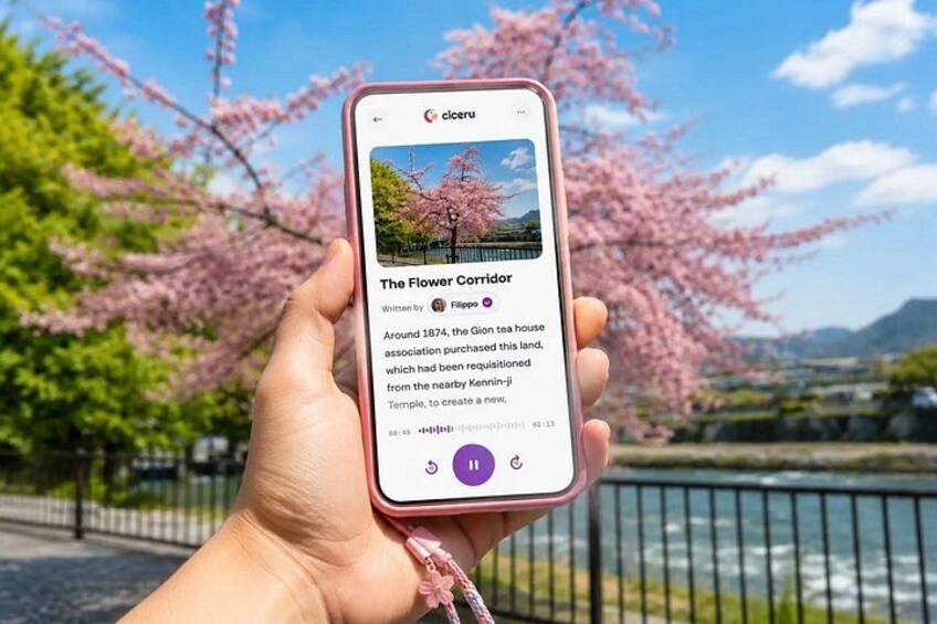 A hand holding a smartphone displaying an article titled 'The Flower Corridor' with a background of cherry blossoms and a river. 1