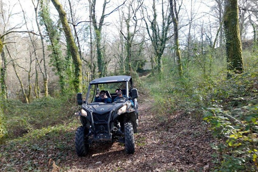 A black off-road vehicle on a forest trail. 4