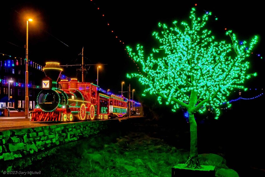 A brightly lit train with colorful lights and a tree with green lights. 5