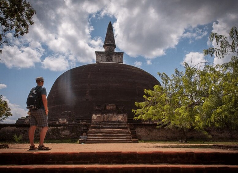 A person standing in front of a large, ancient temple with a conical roof, surrounded by trees and a clear sky. 1