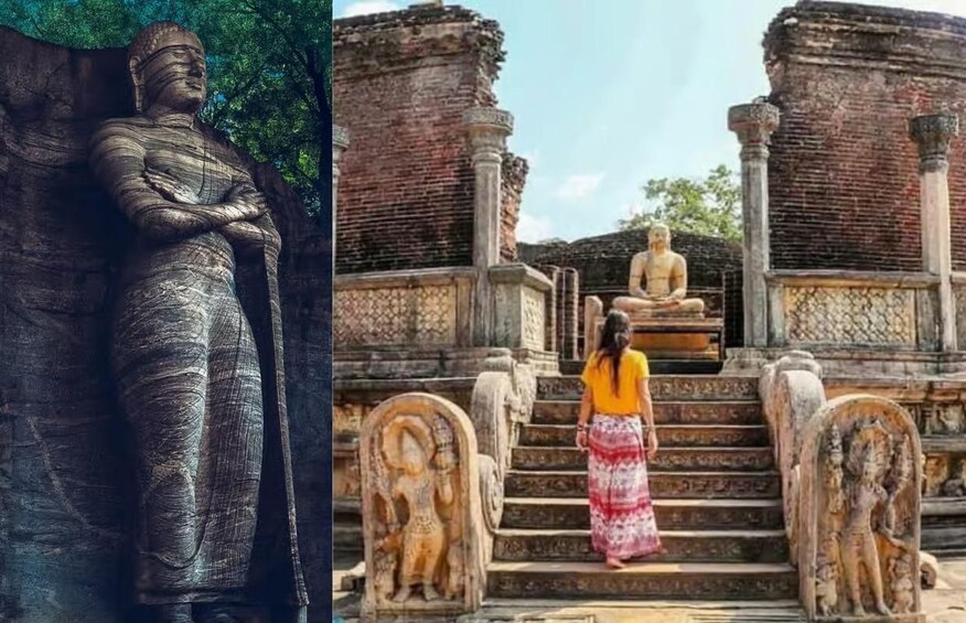 A large stone statue, a temple entrance with steps, and a smaller seated statue. 2