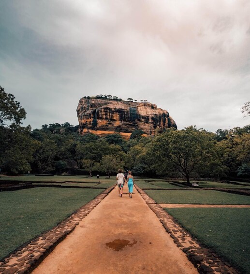 A pathway leading to a large rock formation surrounded by trees. 1