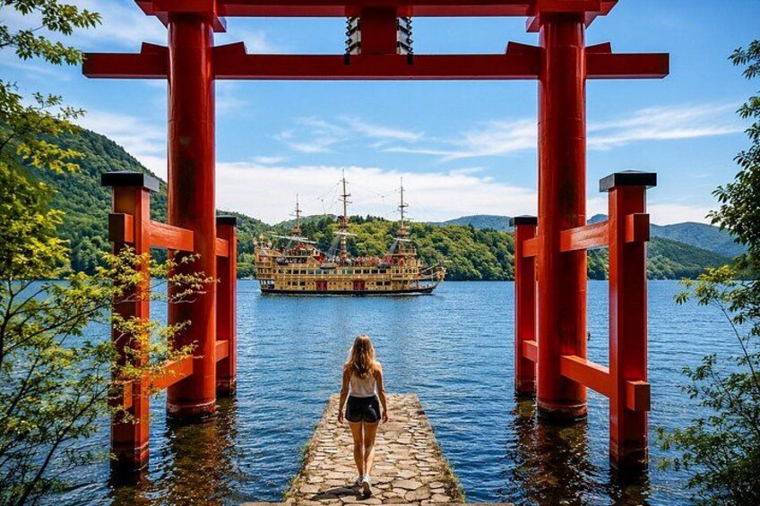 A person standing on a stone pier with red torii gates in the background and a boat on the water. 3