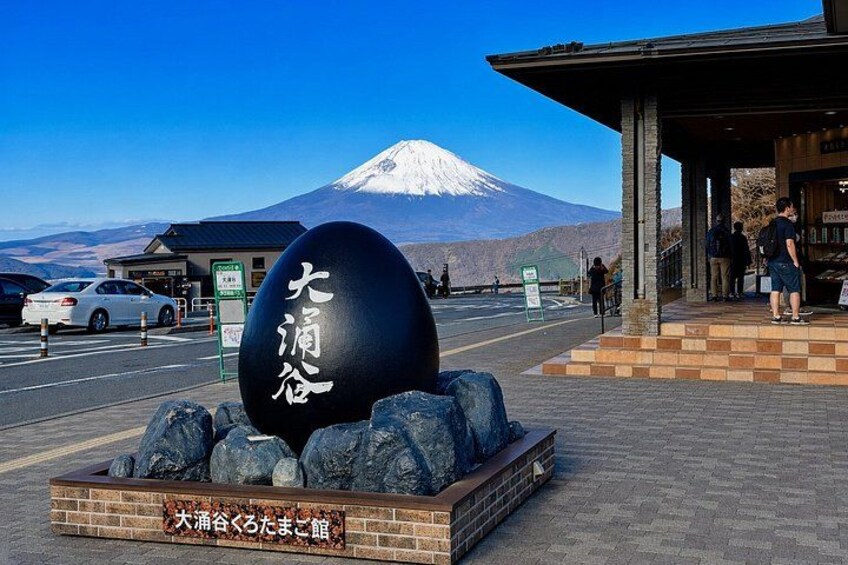 A large black spherical object with Japanese characters, a parking area, a building with a sloped roof, and a snow-capped mountain in the background. 5