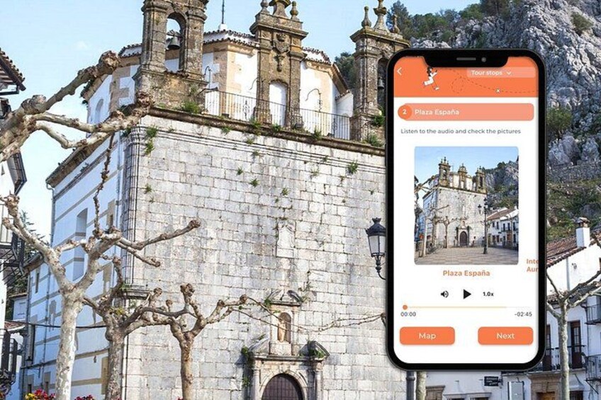 A smartphone displaying a tour guide app with a historical building and a tree in the foreground. 4