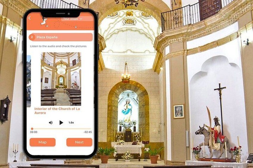 A smartphone displaying a virtual tour of the Church of La Aurora. 3