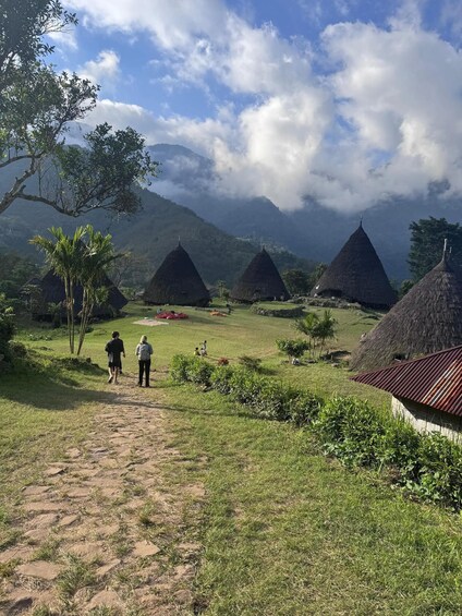 A rural landscape with thatched-roof huts, a dirt path, and lush greenery. 4