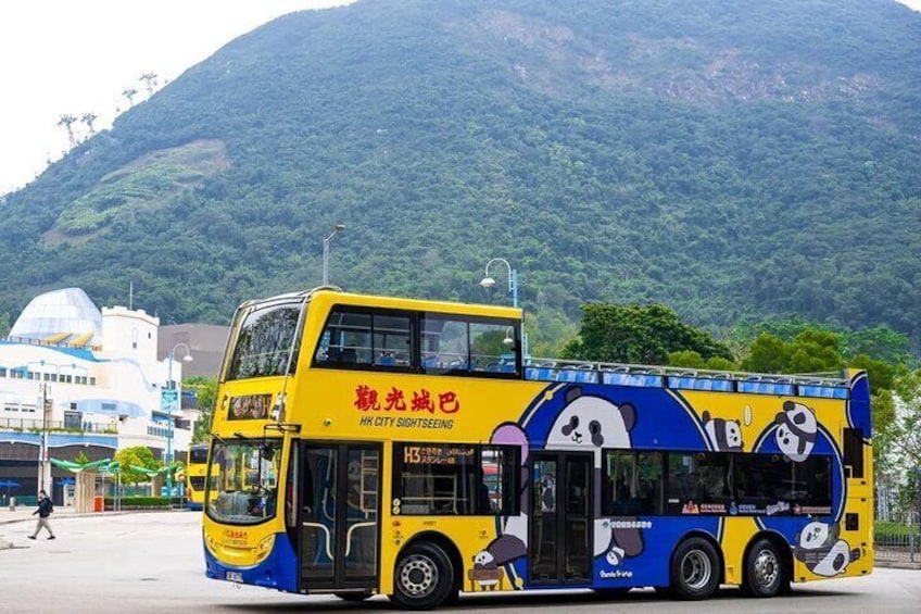 A double-decker bus with panda illustrations and 'HK City Sightseeing' text. 1