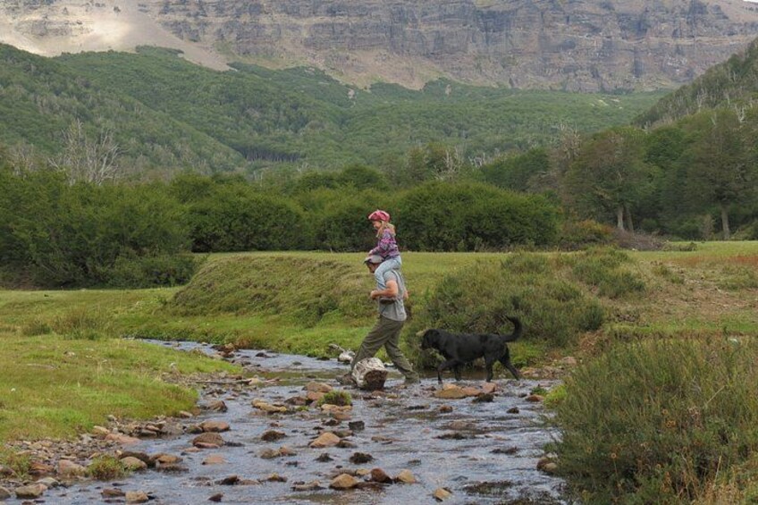A person walking a dog across a rocky stream in a mountainous area. 5