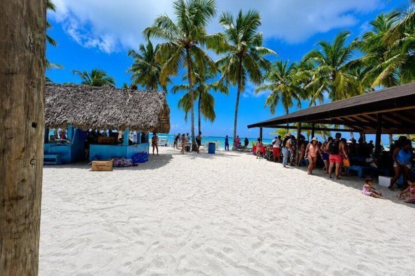 A beach with palm trees, a thatched-roof hut, and people relaxing. 4