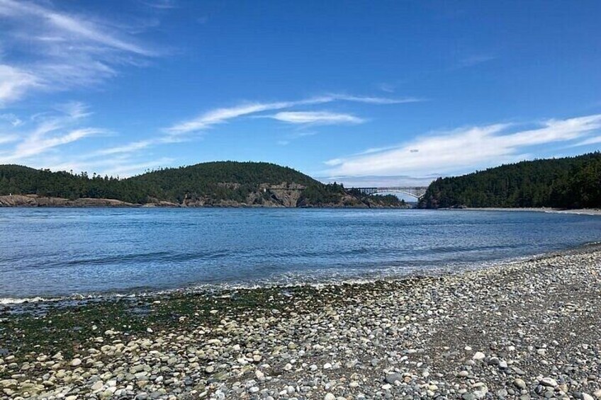 A river with a rocky shoreline, a forested hill, and a bridge in the distance. 3