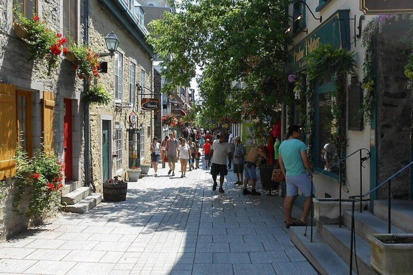 A pedestrian street lined with buildings, some with plants and flowers, and people walking. 4