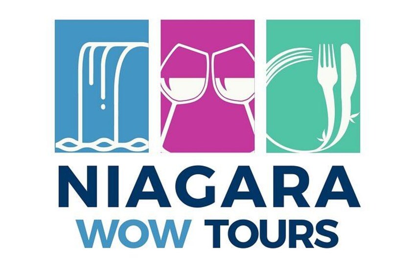 A logo with a waterfall, a person wearing a mask, and a fork and knife. 2