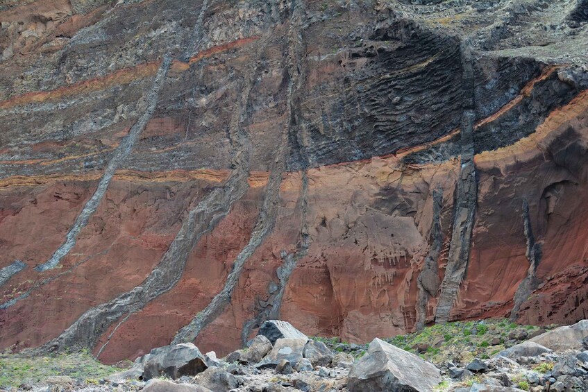 Layered rock formations with visible striations and a rugged terrain with scattered boulders. 3