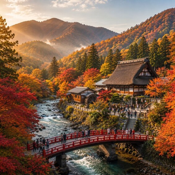 A traditional Japanese building with a thatched roof, a red bridge, and a river flowing through a forested valley. 1