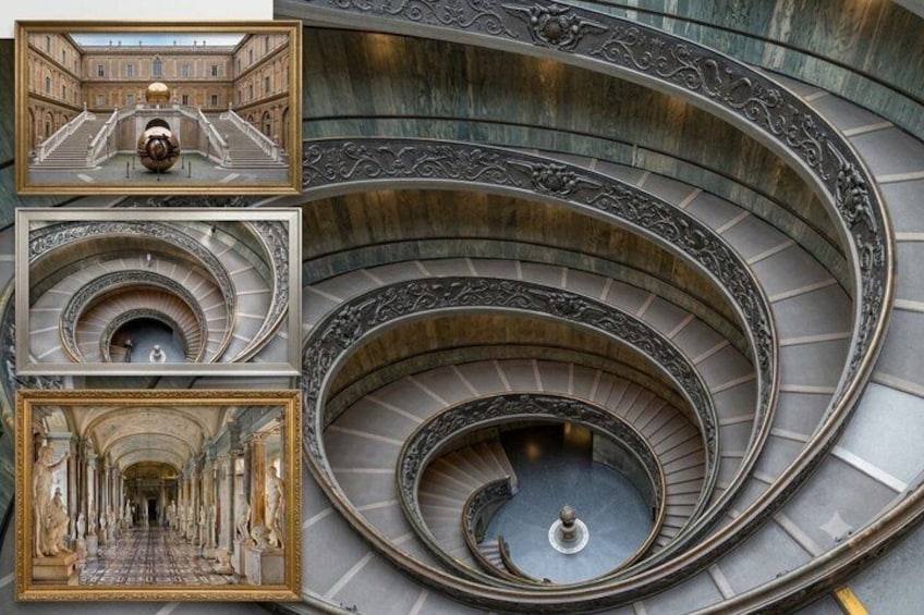 A grand spiral staircase with ornate metal railings and a central fountain. 5