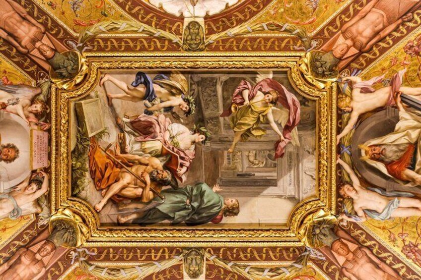 A detailed fresco with classical figures and architectural elements. 2