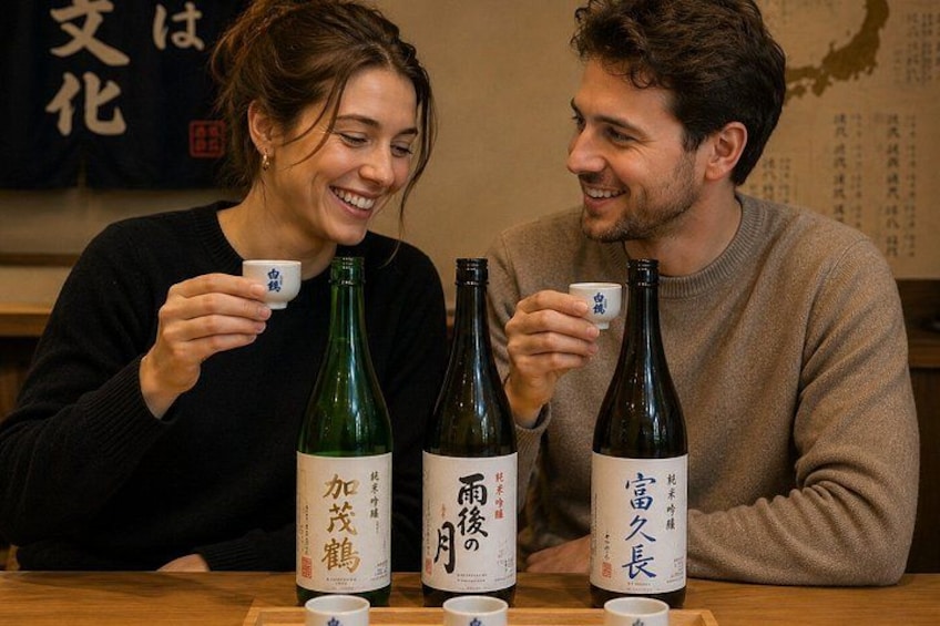 Two people sitting at a table with three bottles of sake and small cups. 1