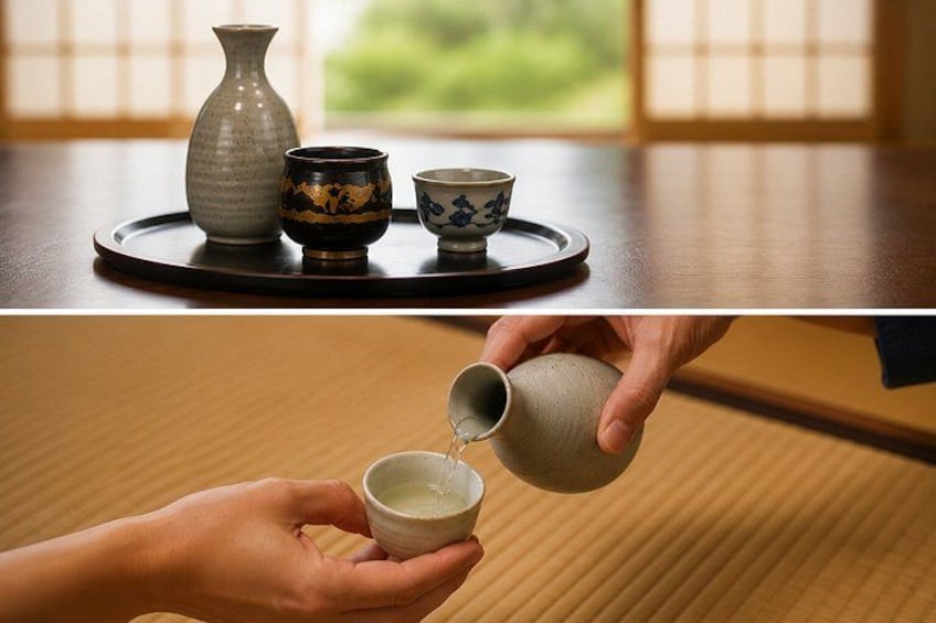A traditional Japanese tea ceremony with a tea set on a tray, a hand pouring tea into a cup, and a wooden table. 4