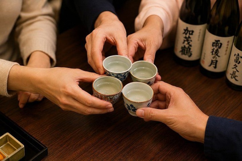 Four hands holding small cups, likely for a traditional tea ceremony, with bottles of sake in the background. 3