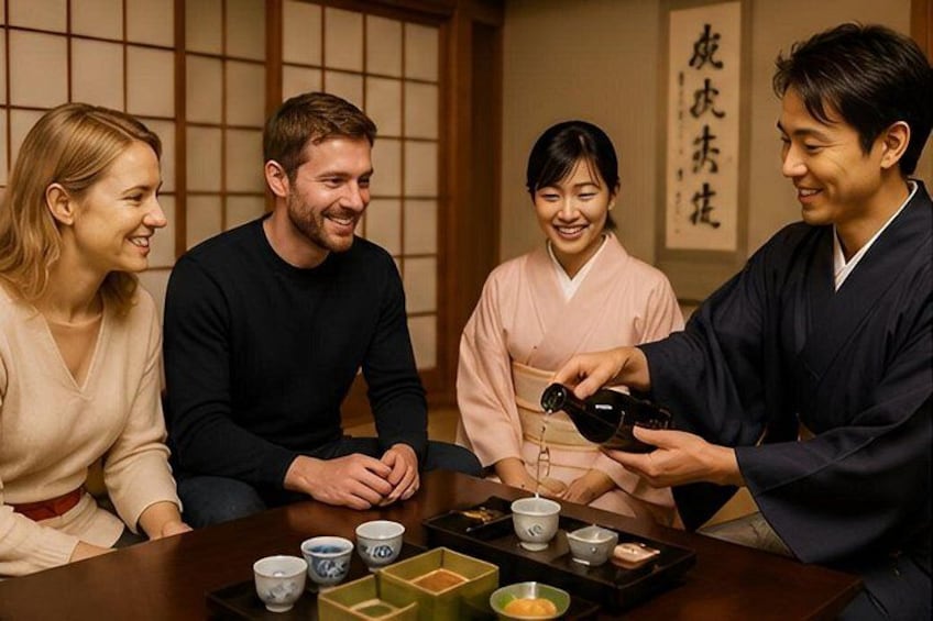 A group of people sitting around a table with traditional Japanese tea ceremony utensils. 2