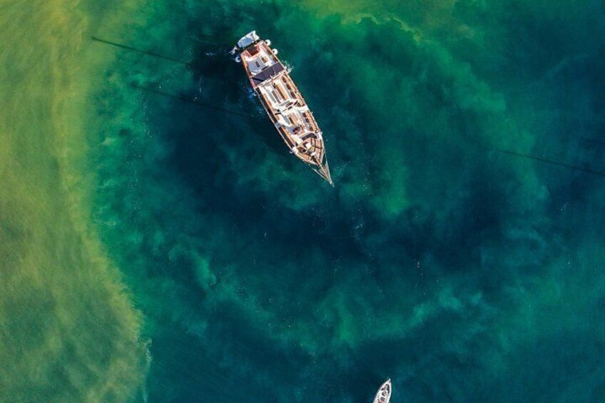 A boat on a clear blue sea with a greenish hue on the left. 4