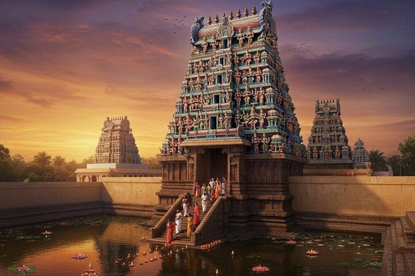 A temple with intricate carvings and a large water body in front. 2