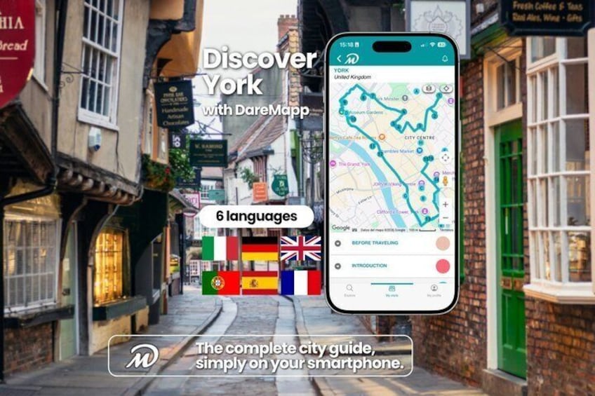 A smartphone displaying a map of York, UK, with a street view in the background. 1
