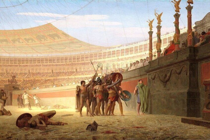 A historical scene in a coliseum with a crowd, a central figure on horseback, and a fallen figure on the ground. 4
