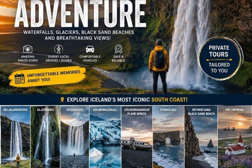 A travel poster for adventure tours in Iceland, highlighting waterfalls, glaciers, black sand beaches, and views. 1