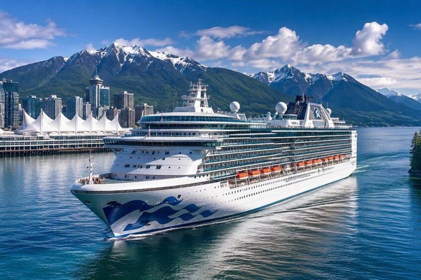 A large cruise ship with multiple decks and a mountainous backdrop. 1
