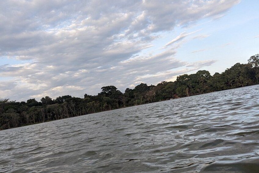 A river with a forested bank and a cloudy sky. 4