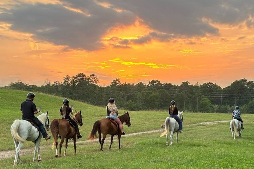 A sunset over a grassy field with people riding horses. 2